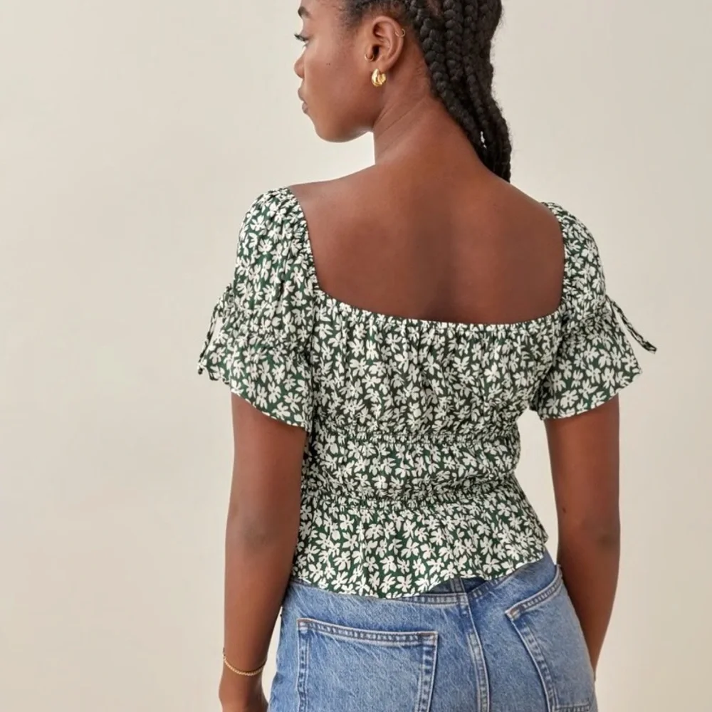 Reformation Green and White Floral Square-Neck Puff Sleeve Top